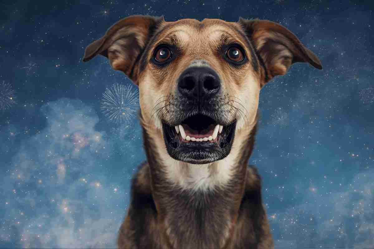 cane e fuochi d'artificio alle spalle