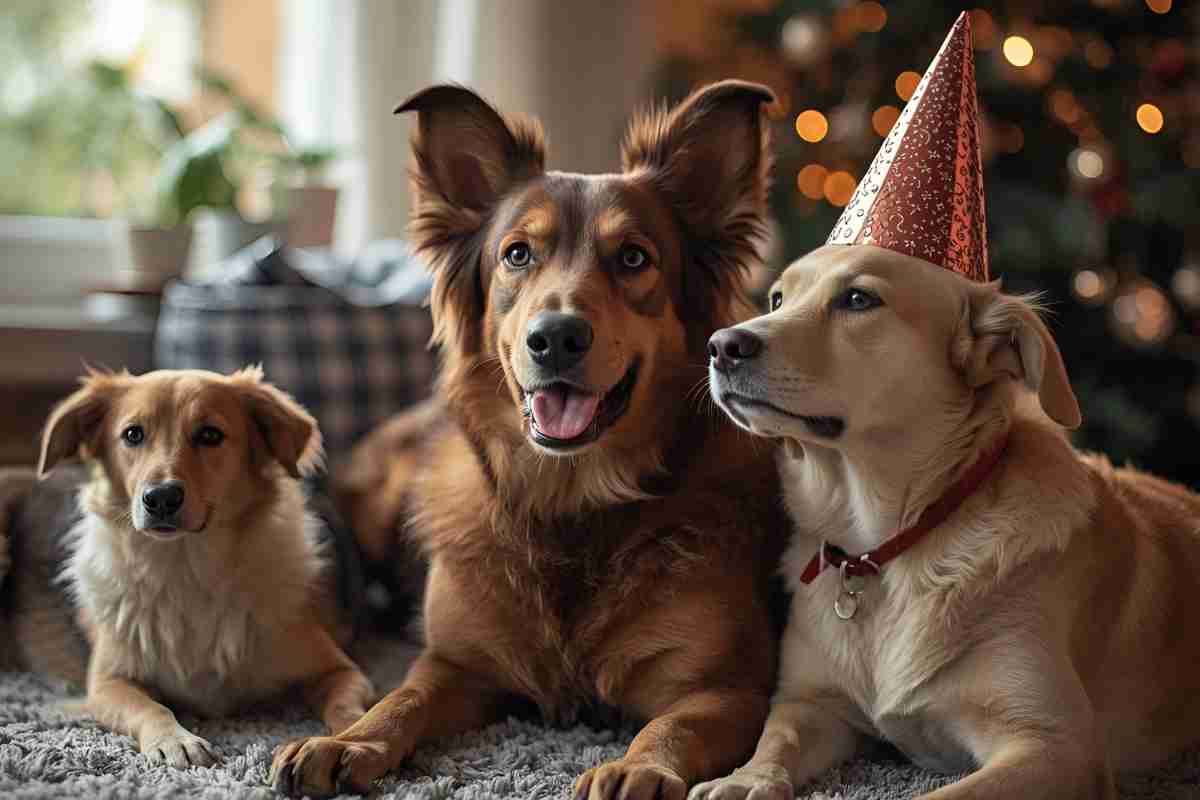 cani vicino all'albero di natale