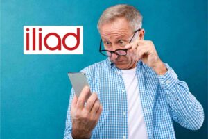 uomo con cellulare, logo iliad
